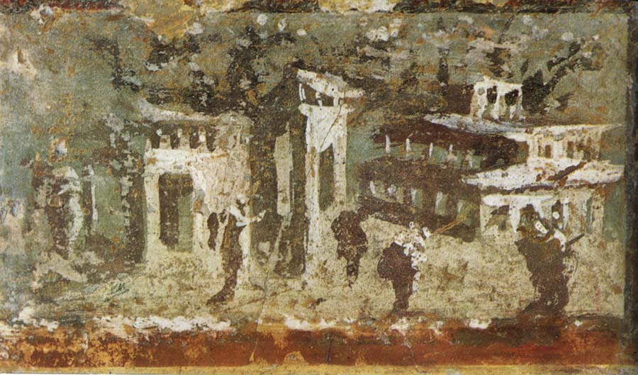 Wall painting houses at noon from Pompeii